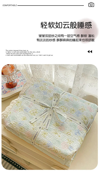 2025 new small fresh printing French lace lace double four-piece set bedding wrinkled yarn student three-piece set.
