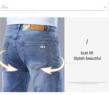 Spring Men's Light Blue Slim Jeans Stylish Casual Stretch Fabric Denim Pants Classic Trousers Smoke Gray.