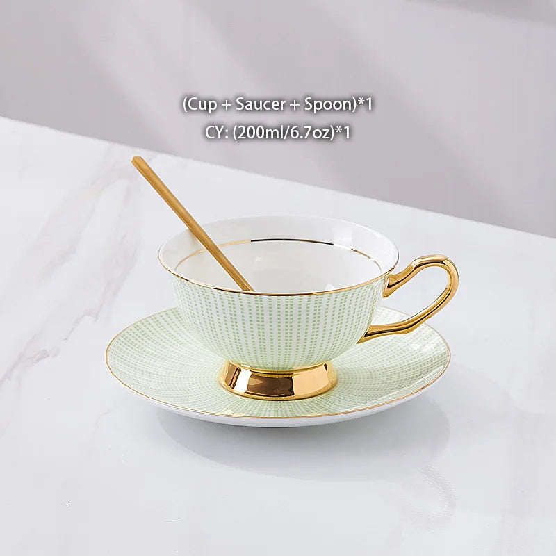 Bone China Tea Cup Saucer Spoon Set 200ml Elegant Coffee Cup Gold Porcelain Tea Set Ceramic Teacup Cafe Espresso Cup British Mug