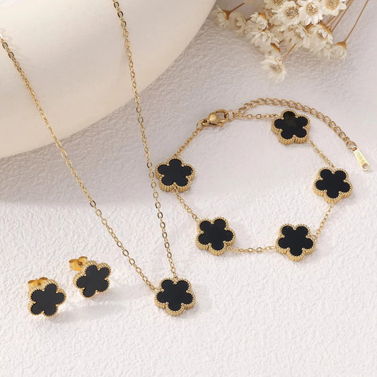 3Pcs Luxury Black Red Green White Plum Blossom Plant Five Leaf Flower Necklace Earrings Bracelet Jewelry Sets For Women.