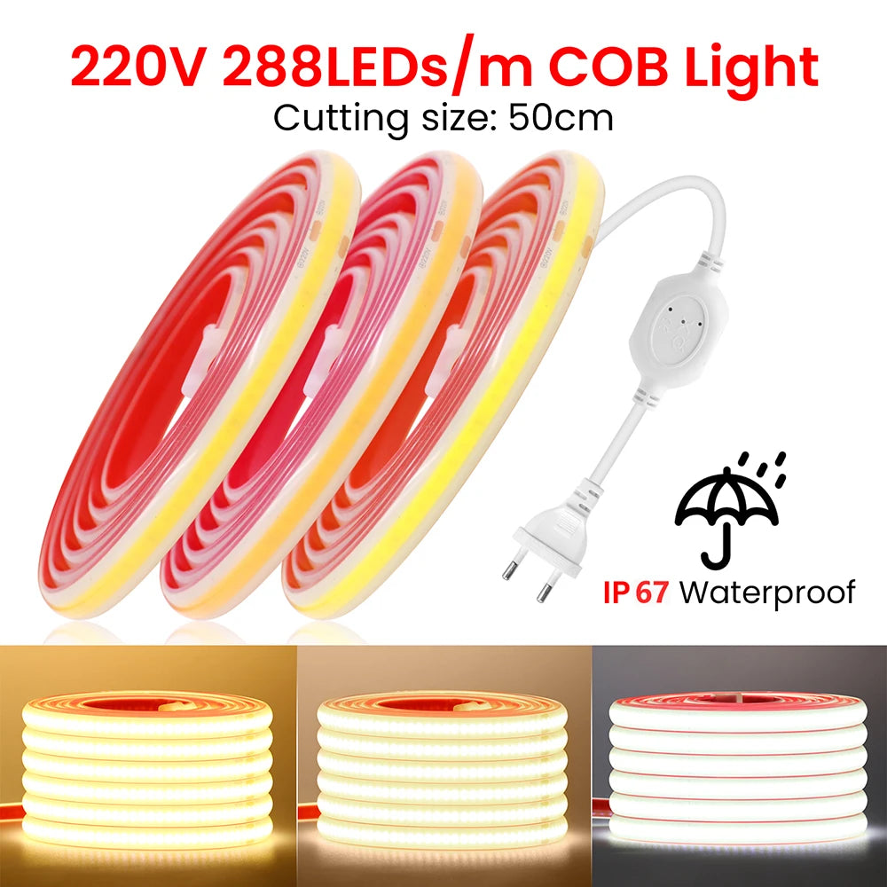 COB LED Streifen Licht Dimmer Schalter EU UK Power Kit 220V 230V 3000K 4000K 6000K 288LED Helle Flex Band Wasserdichte Lineare Beleuchtung.