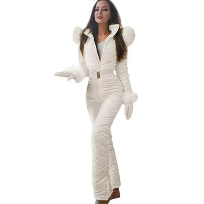 2025 Women Ski Jumpsuit Warm Snowsuit Winter Women's Snowsuit with Gloves Hood Windproof Ski Outfit with Elastic Waist Zipper fo.