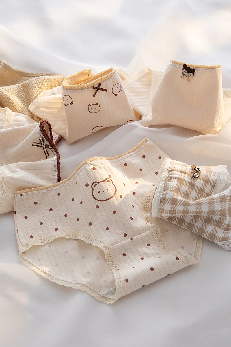 5Pcs/Set M-XL Women's Panties Cotton Underwear Cute Cartoon Bear Girl Briefs Mid Waist Underpants Breathable Panty Sexy Lingerie