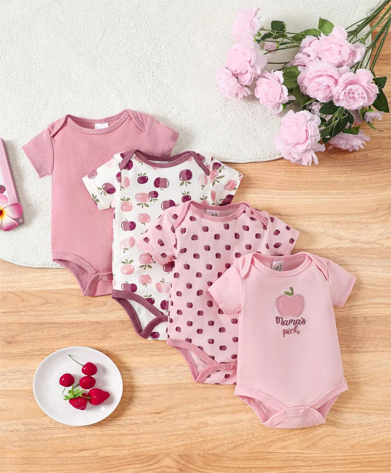 4PCS Neugeborenen Strampler Kurzarm Rundhals Cartoon Tier Blumen Drucken Body Onesies Für Baby Jungen Und Mädchen Kleidung.