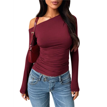 Women's Off Shoulder Tops Dressy Long Sleeve Asymmetrical Slim Fit Going Out Fall Blouse Ruched Shirts.