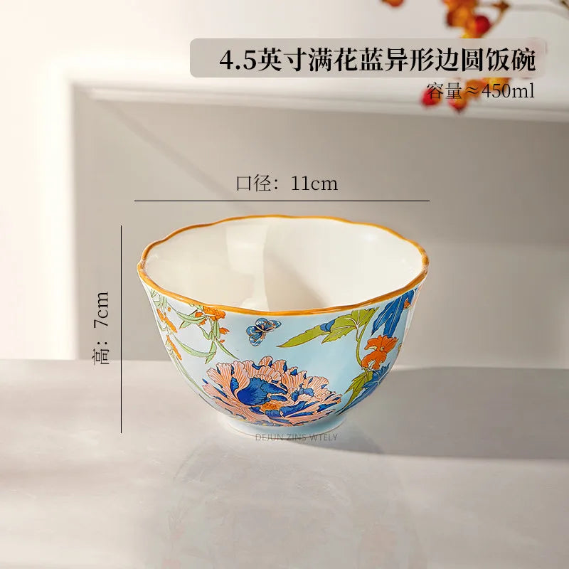 1PC Chinese-style Ceramic Plates New Flower-patterned Dinner Plates Ceramic Fruit Salad Plates Exquisite Kitchen Accessories