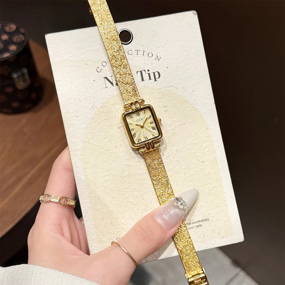 GEDI Gold Stainless Steel Quartz Watch Square Woman High-End Vintage Light Luxury Elegant Women's Wristwatches Gift