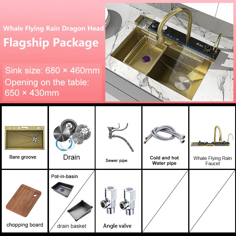 Stainless Steel Waterfall Kitchen Sink New Embossed Extra Large Single Slot Modern Digital Display Dishwashing Basin