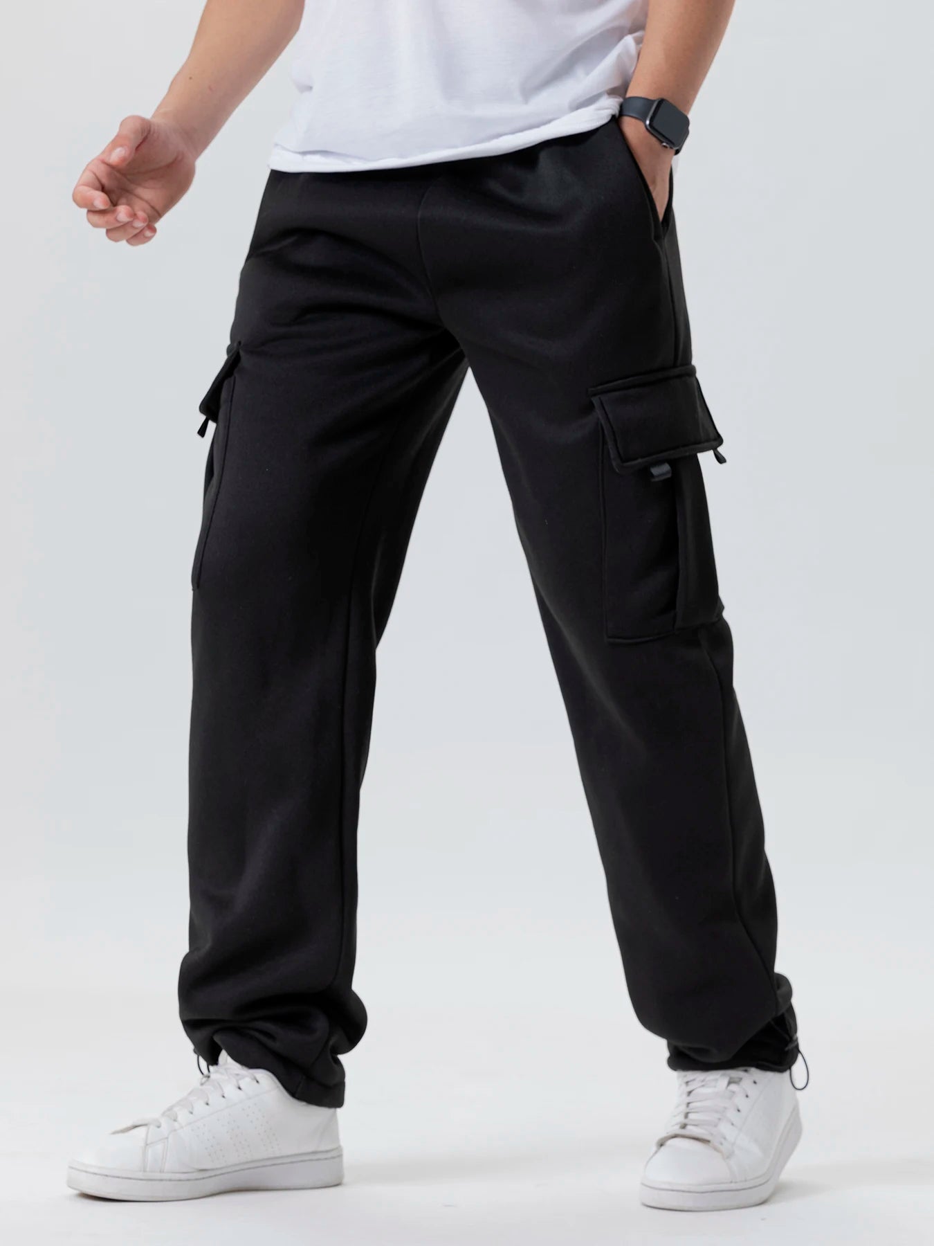 Mens Sweatpants Straight Fit Casual Pants Autumn Winter Men Running Jogger Sports Gym Trousers Solid Color Multi-pocket Pants.