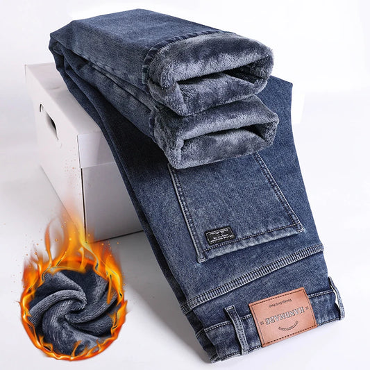 Winter Fleece Thick Warm Jeans Men's Slim Straight Elastic Denim Pants Casual Male Clothing Fashion Plush Trousers.