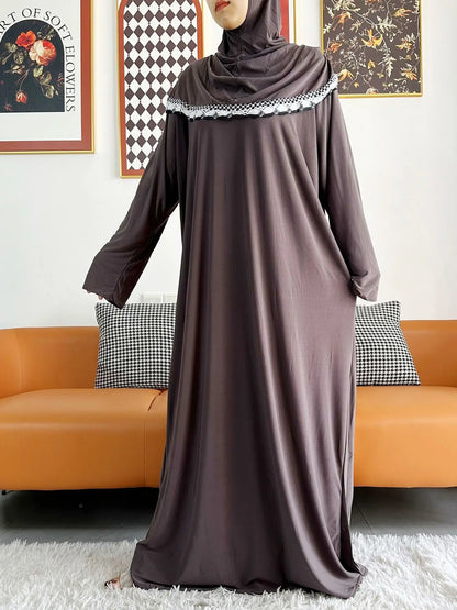2023 Muslim Solid Cotton Abaya For Women Ramadan Prayer Garment Joint Hat Dubai Turkey Middle East Femme Robe Floral Loose Dress