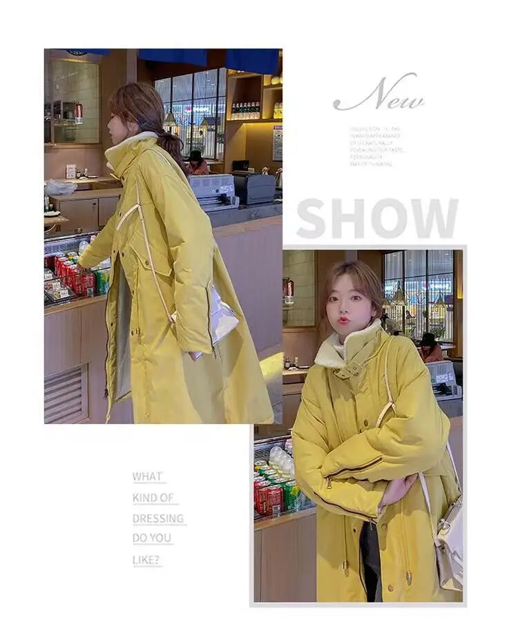 Daunen-Baumwoll-Parkas-Jacke für Damen, mittellang, über dem Knie, 2025, neue koreanische lockere Mode, Winter, gepolstert, weiblich, verdickt