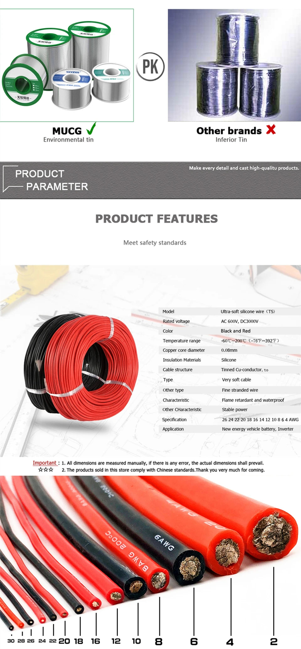 Black Red Silicone cable Super soft Silicone wire 1-26 Gauge Tinned copper Electrical wires 1 2 4 5 6 7 8 9 10 11 12 13 14 AWG.