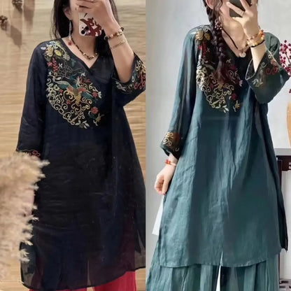 Schwerindustrie besticktes Kleid im Ethno-Stil, mittellang, Sommer, neuer Stil, Retro-Top, Rock mit Neun-Punkt-Ärmeln.