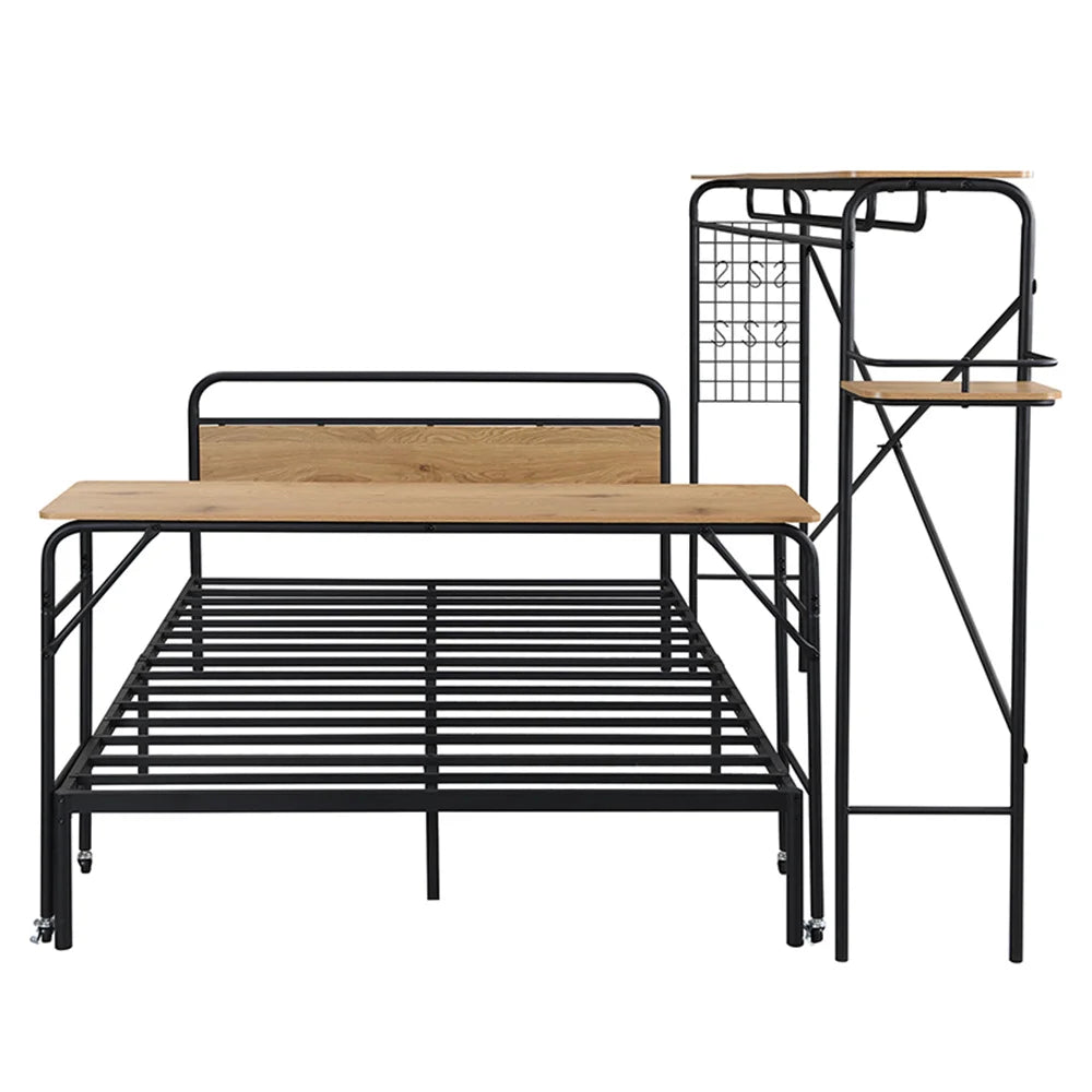 Metallbett 140x200cm, Flachbetten+Tisch mit Rädern+Vertikaler Garderobenständer, Schlafzimmermöbel, Metall+MDF, Schwarz + Natur