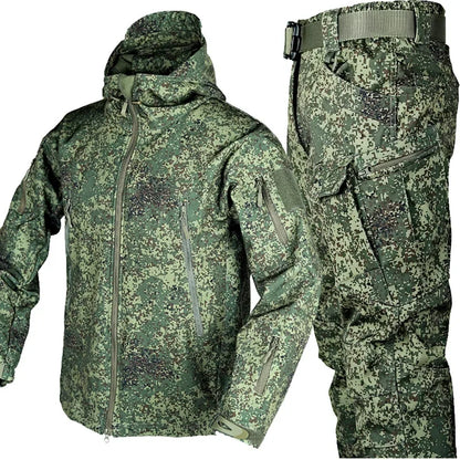 Winter Verdicken Männer Camo Anzug Wasserdichte Taktische Ausbildung Set Multi-tasche Mit Kapuze Jacke Fleece Hosen Outdoor Jagd 2-stück
