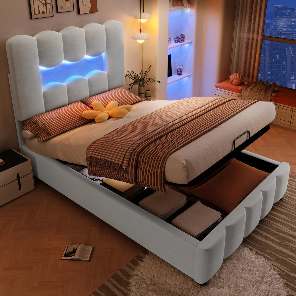 Modernes Polsterbett, 90 x 200 cm, ohne Matratze, LED-Beleuchtung, mit hydraulischem Gerät, verstellbarer Kopfteil, Samt, Grau