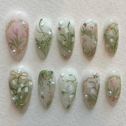 24Pcs Peach Blossom Press on Nails Cat's Eye Nude Glitter False Nail for Women&Girl Spring and Summer Detachable Wearable Nail.