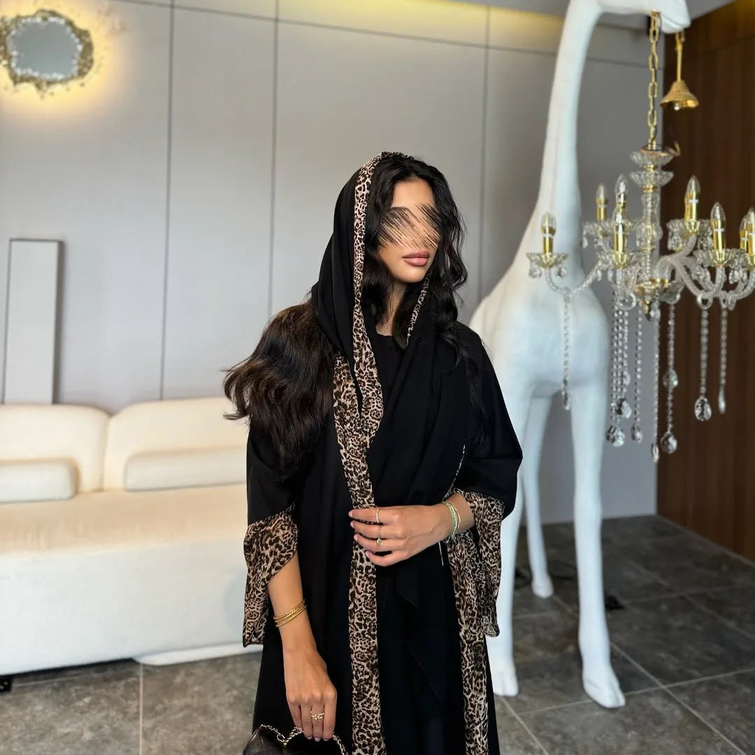Eid Women Muslim Abaya Leopard Cardigan with Scarf Dress 2025 Vestidos Largos Caftan Robe Jalabiya Ramadan Morocco Dubai Kaftan.