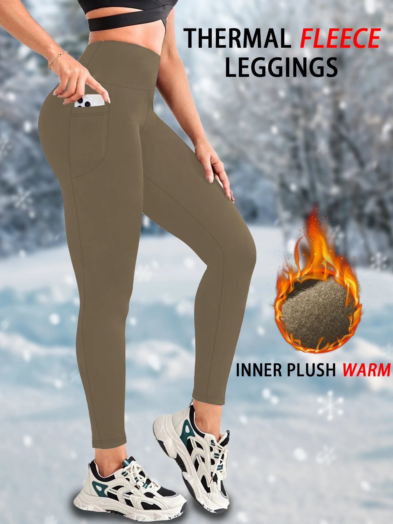 Womens Thermal Fleece Lined High Waisted with pockets Leggings, Workout Winter Warm Thick Tights Soft Yoga Running Pants.