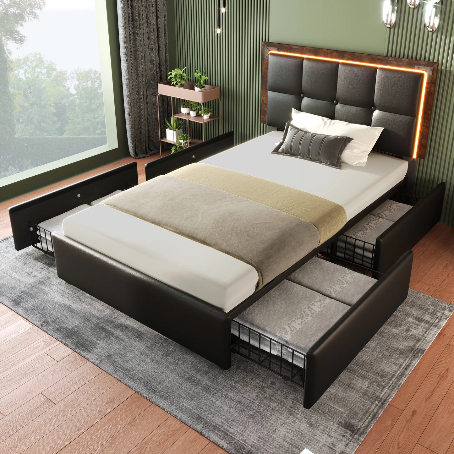 KOMHTOM Polsterbett PU - LED-Beleuchtungsleiste, 4 Schubladen, höhenverstellbares Kopfteil, ohne Matratze