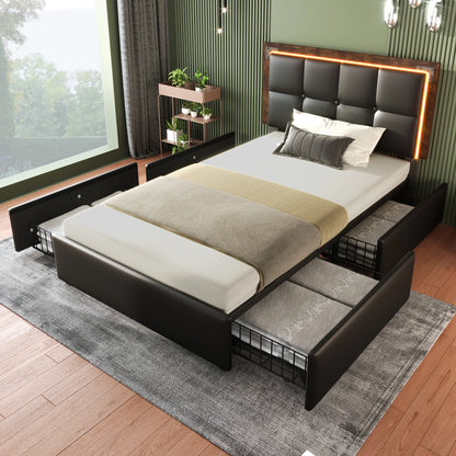 KOMHTOM Polsterbett PU - LED-Beleuchtungsleiste, 4 Schubladen, höhenverstellbares Kopfteil, ohne Matratze