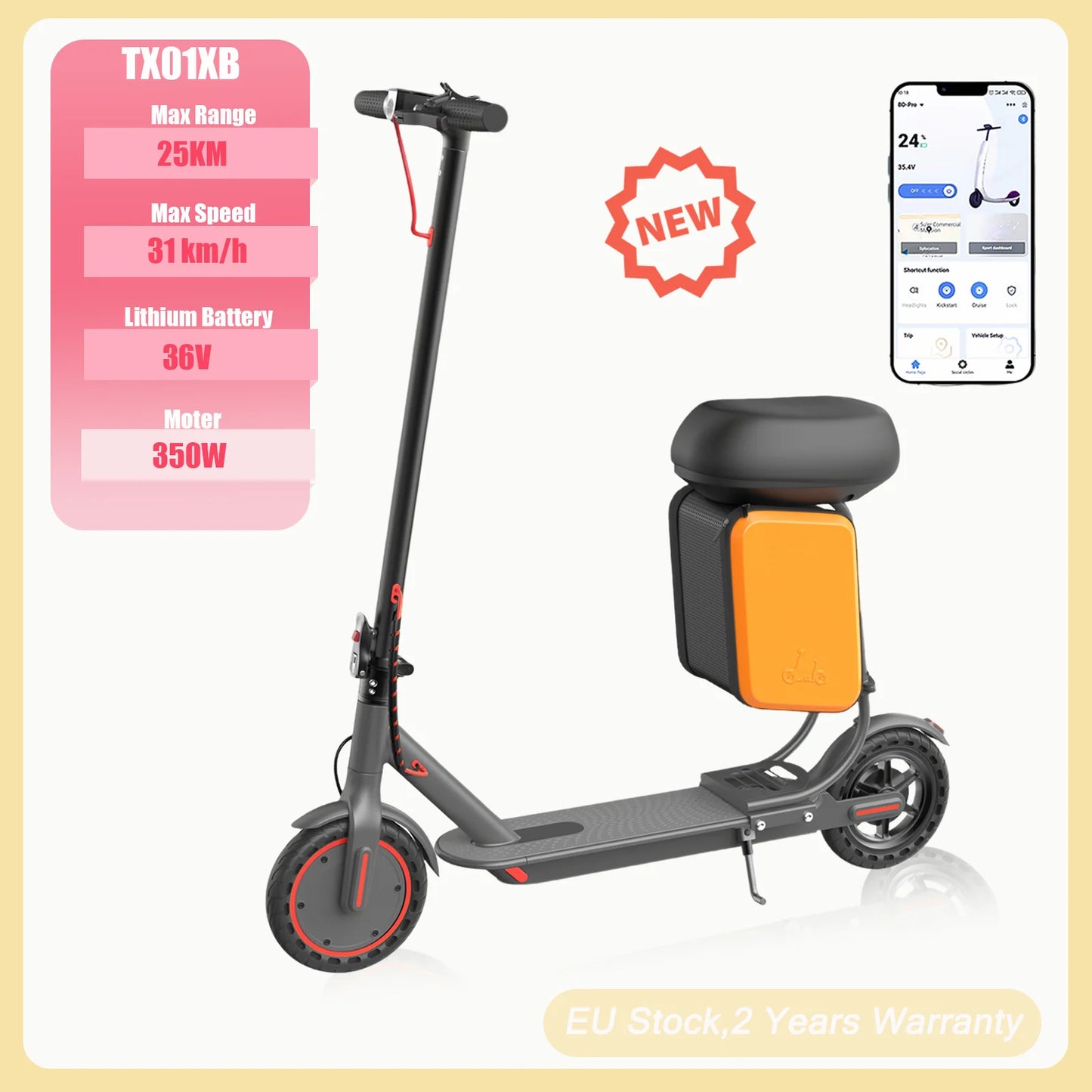 2025 New JUICEASE TX01XB Electric Scooter with Seat 350W 36V 25KM Long Range 31KM/H Smart App with Storage Compartment EScooter.