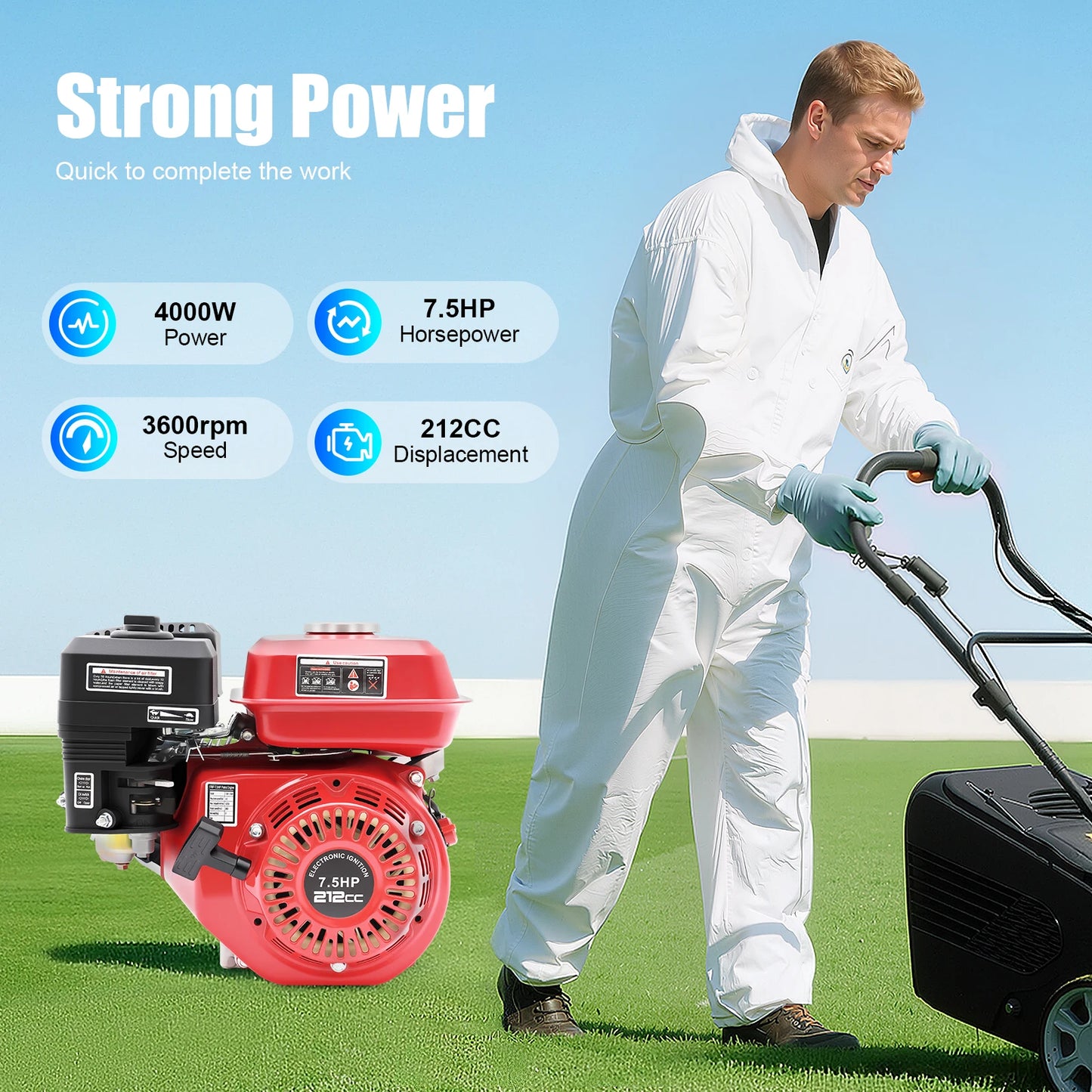 4-Takt-Benzinmotor 212 cc, 7,5 PS, 4000 W, 3600 U/min, Einzylinder-Handgezogener Benzinmotor, Durchmesser der Kurbelwelle ist 20 mm