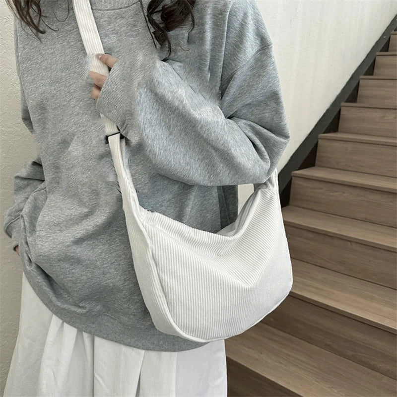 Corduroy Shoulder Bag Minimalist Crossbody Bag Women's Handbags Fashion Fabric Underarm Bag Solid Color Zipper Female Handbag