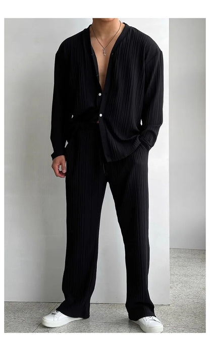 Thin Solid Color Sexy Deep V Cardigan Knitted Sweater Shirt Casual Fashion Suit Two-piece Sets for Men.