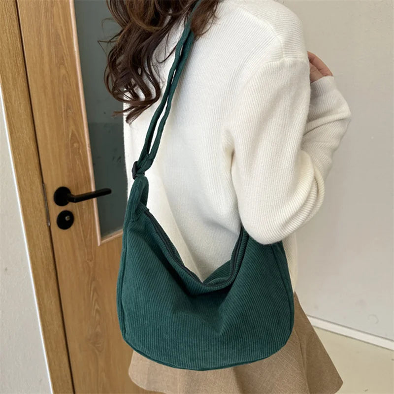 Corduroy Shoulder Bag Minimalist Crossbody Bag Women's Handbags Fashion Fabric Underarm Bag Solid Color Zipper Female Handbag.