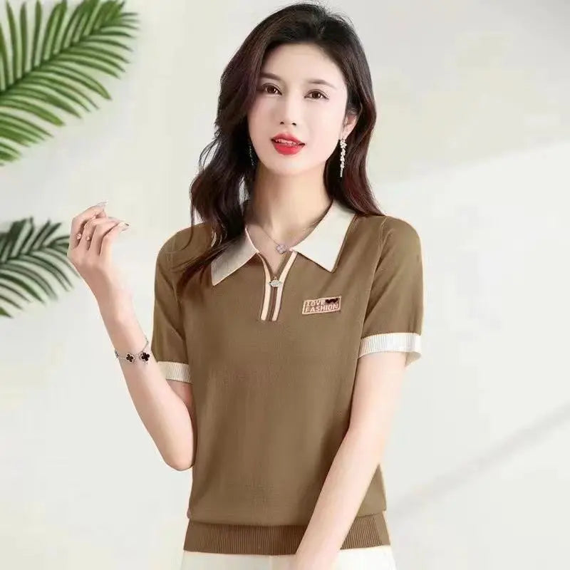 Fashionable polo collar middle-aged and elderly women's loose knitwear thin casual short-sleeved T-shirt.