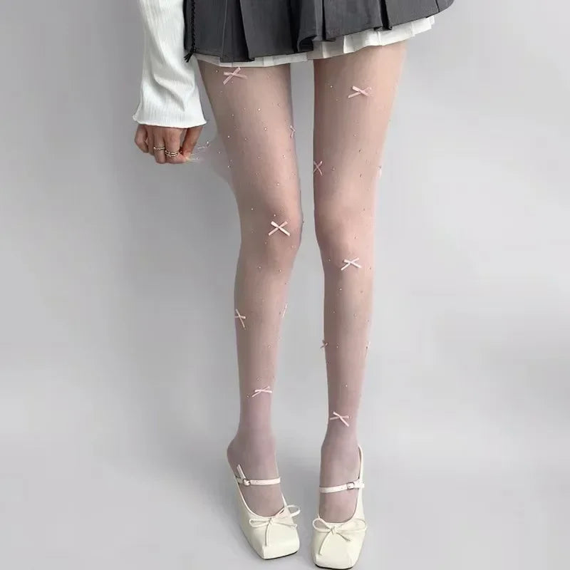 New Lolita Velvet Bowkont Embroidery Pearl Tights Pantyhose Flash Diamond Women Tight JK Style Sweet Girls Kawaii Cute Stockings.