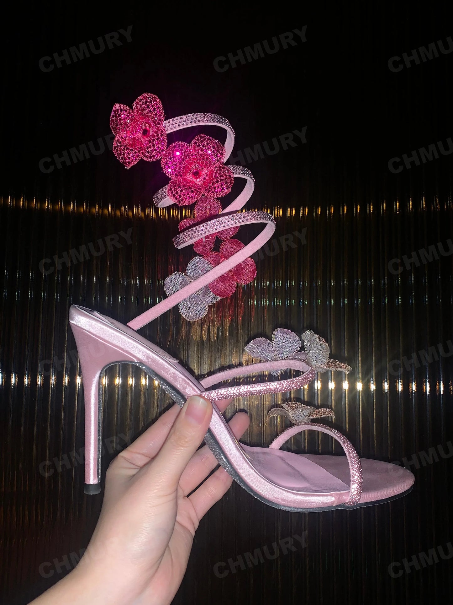 CHMURY Pink Flower Rhinestone High Heels Sandals Shoes Sexy Rose Red Luxury Designer with Wrap Strap  for Women Prom Party 2024.