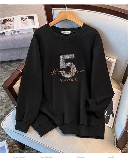 175kg plus size Damen büste Frühling Herbst loser Rundhals ausschnitt bedrucktes Langarm-Sweatshirt schwarz orange 5xl 6xl 7xl 8xl 9xl