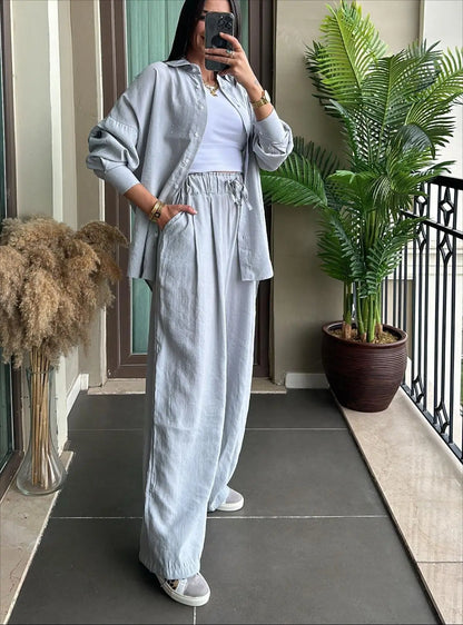 Casual Loose Shirt And Pants Two Piece Sets Women Fashion Solid Long Sleeve Shirts Outfits Autumn Winter Wide Leg Pants Sets.