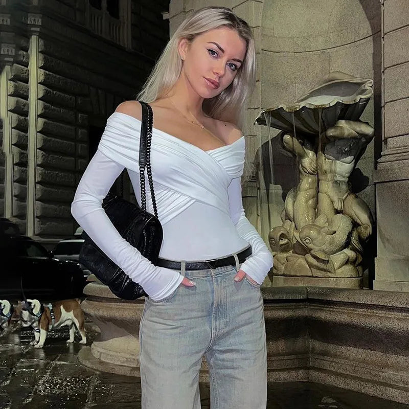 Y2K Autumn Bodysuits Women Sexy Off Shoulder Corset Slim Crossed Bodysuits Long Sleeves Casual Lady Fashion Streetwear Bodysuits.