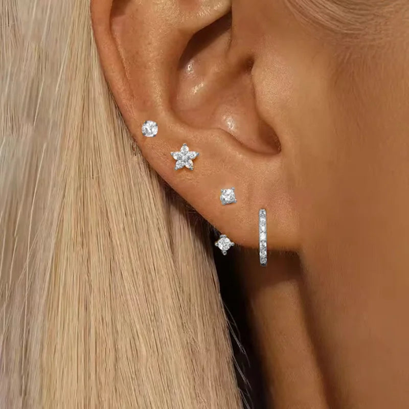 4PCS Fashion Zircon Round Hoop Earring Set Women Temperament Flower Ear Stud Huggie Earring Tragus Piercing Cartilage Jewelry.