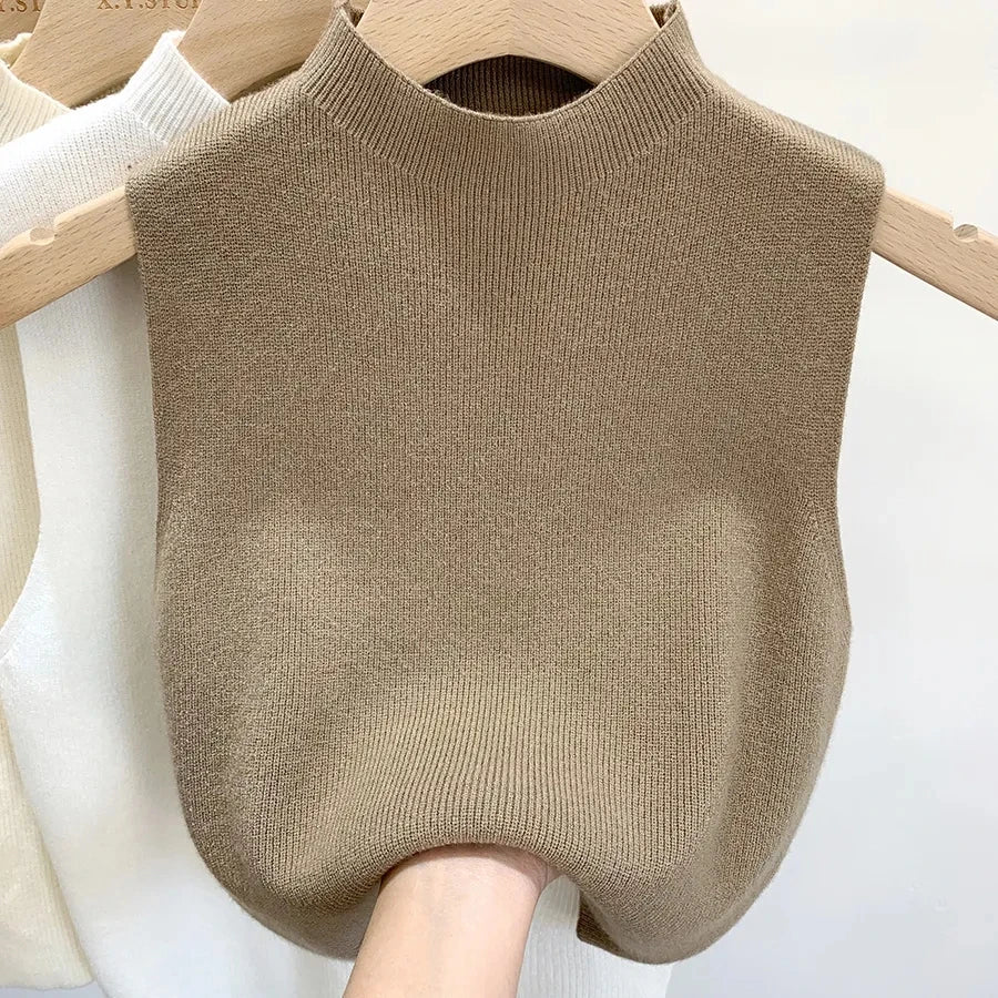 Frühling Herbst Temperament Gestrickte Pullover Weste frauen Hälfte-rollkragen Leibchen Cropped Top Ärmelloses Tank Top.
