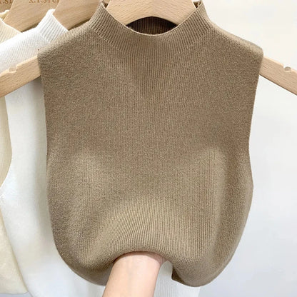 Frühling Herbst Temperament Gestrickte Pullover Weste frauen Hälfte-rollkragen Leibchen Cropped Top Ärmelloses Tank Top.