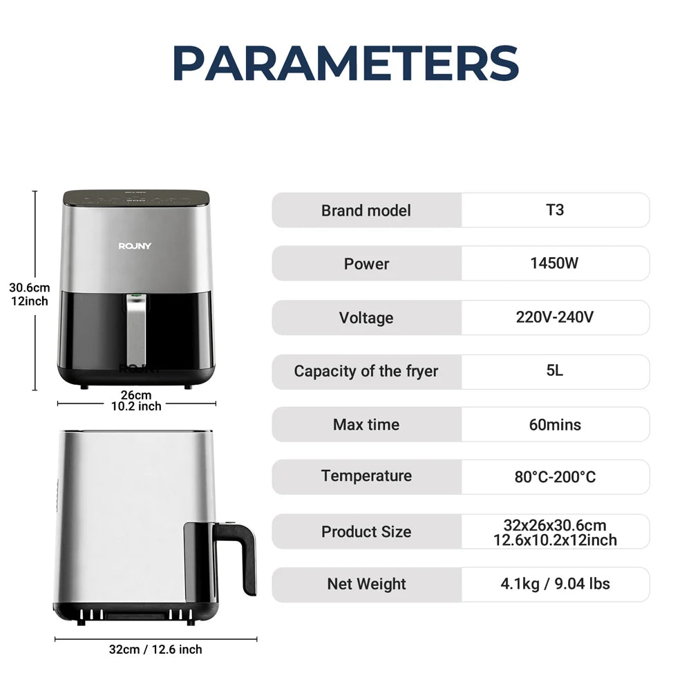 ROUNY Air Fryer 5L, Electric Hot Fryer Oven Oilless Cooker with Touch Control & Nonstick Basket & Visible Window, Family Size.