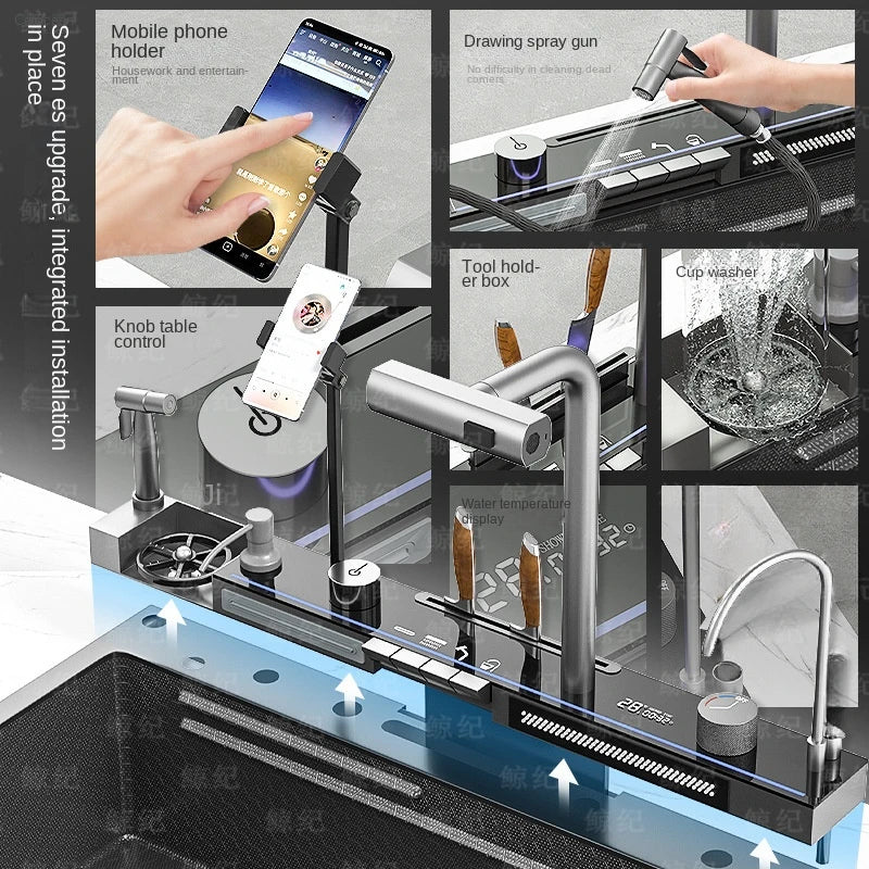 Kitchen 304 Stainless Steel Waterfall Sink, Large Single Slot, Digital Display Embossed Washing Basin Household Dishwashing Sink