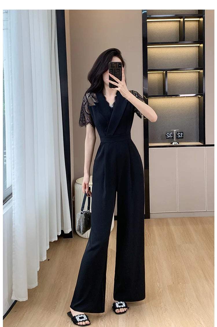 LYX High-Cold Lady Style Romper Women Summer Short Sleeve High Waist Lace Splicing Hollow out One-Piece Straight Leg Pants
