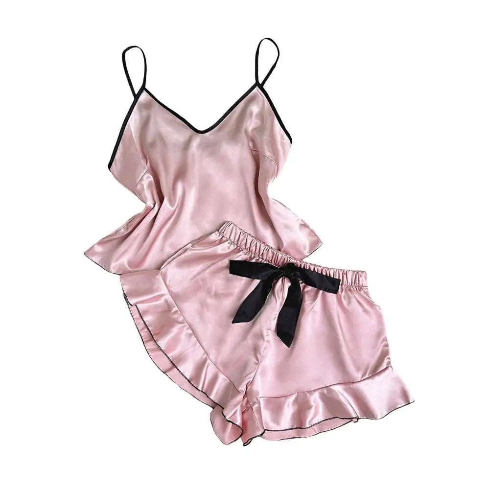 Damen-Pyjama-Set mit Trägern, elegantes Satin-Damen-Pyjama-Set mit Spaghettiträger-Oberteil, rückenfrei, V-Ausschnitt, Rüschen, plissiert für Komfort.