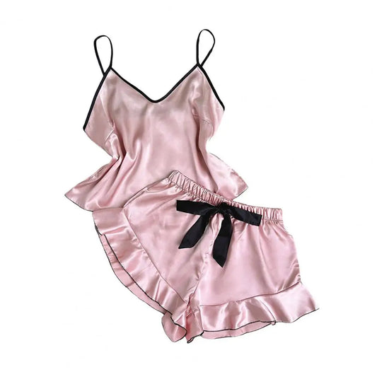 Damen-Pyjama-Set mit Trägern, elegantes Satin-Damen-Pyjama-Set mit Spaghettiträger-Oberteil, rückenfrei, V-Ausschnitt, Rüschen, plissiert für Komfort.