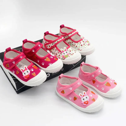JGSHOWKITO Girls Canvas Shoes Soft Sports Shoes Kids Running Sneakers Candy  With Cartoon Rabbit Carrots Prints Children.