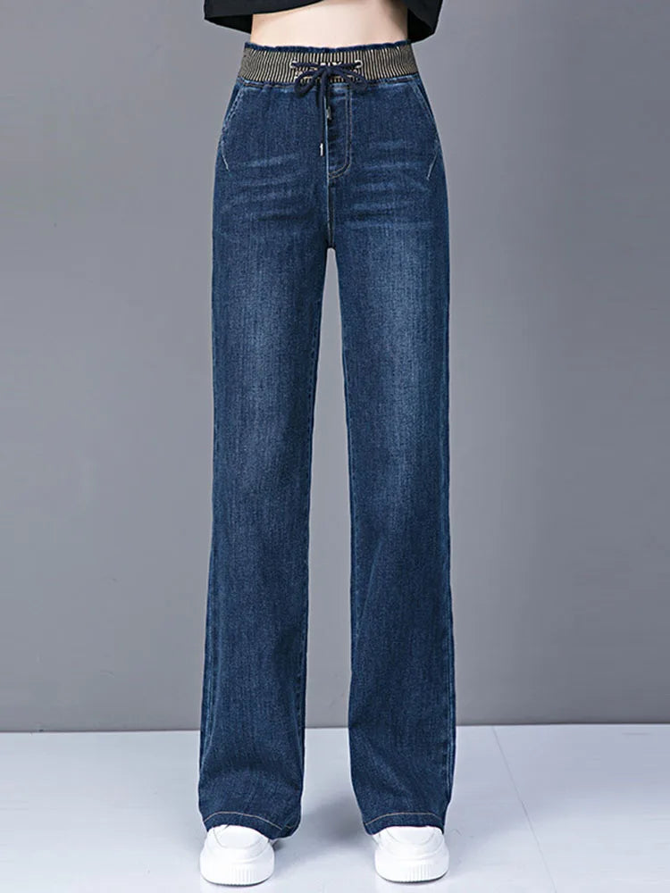 Women Elastic High Waist Straight Jeans Winter Warm Thicken Baggy Velvet Lined Wide Leg Denim Pants Korean Casual Vaqueros New.