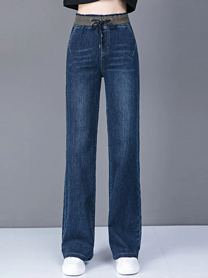 Women Elastic High Waist Straight Jeans Winter Warm Thicken Baggy Velvet Lined Wide Leg Denim Pants Korean Casual Vaqueros New.