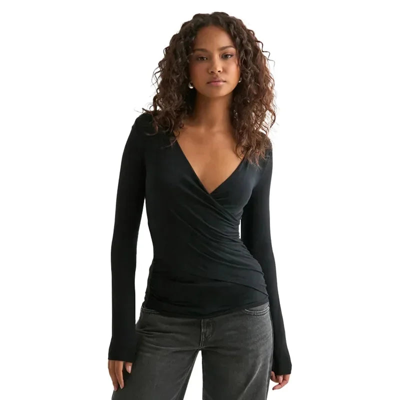 Pure Color V-neck Long Sleeve T-shirt Waist-cinching Sexy Top for Women Cross-border Autumn New Style Y25TP348 Polyester Fiber.