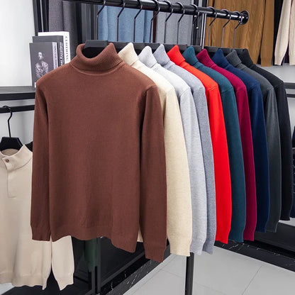 Autumn Mens High Quality Knitted Turtleneck Sweater Slim Fit Long Sleeve Anti-pilling Pullover Solid Color Trend Men Streetwea.